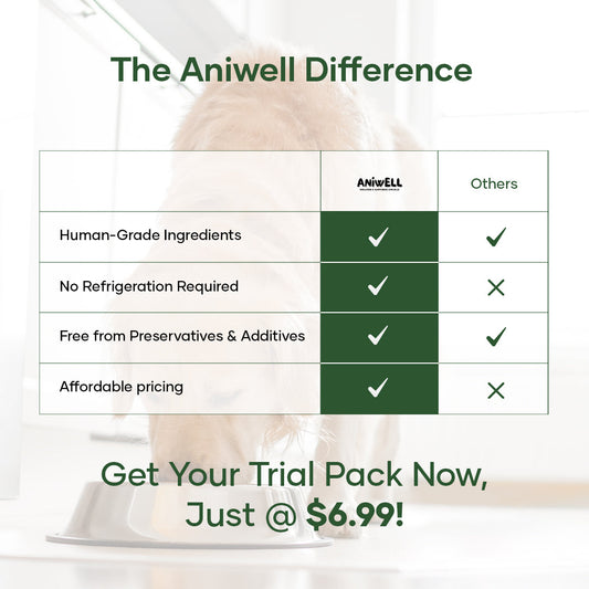 Aniwell Fresh Food Packs for dogs featuring real meat, vegetables, and natural herbs in resealable packaging.