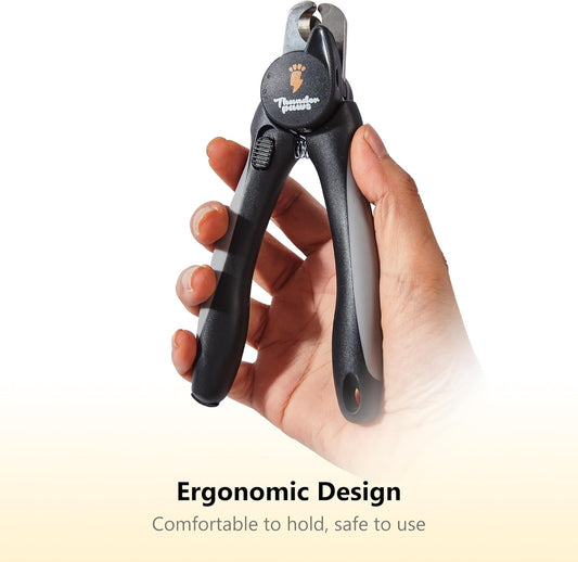 Thunderpaws dog nail clippers with LED light and safety guard for medium to large breeds, used for grooming and nail trimming.