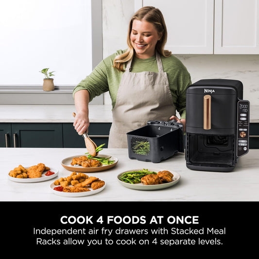 Ninja Double Stack XL Air Fryer in black and copper with two baskets, 9.5L capacity, kitchen appliance for healthy cooking.