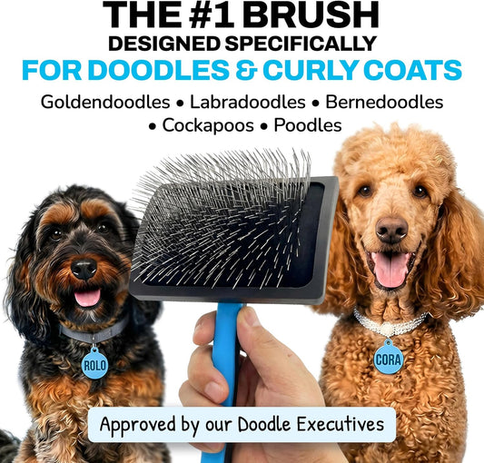 Premium Slicker Brush for Cockapoos, Doodles, and curly coats, used for grooming dogs with thick, curly or wavy fur.