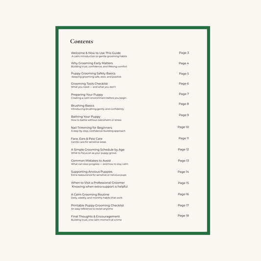 The Gentle Puppy Grooming Guide – Complete Edition (PDF) A stress-free, step-by-step grooming system for puppies