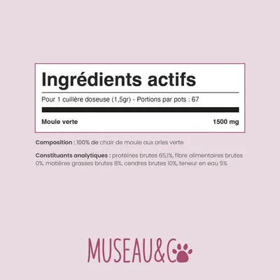 Muzzle & Co Green Mussel dog supplement jar with label, 100g, designed to support joints and mobility in dogs and cats.