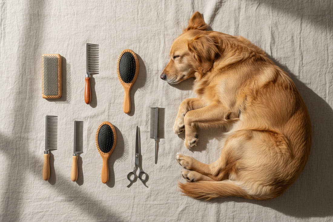 Dog grooming brushes arranged neatly in soft natural light.