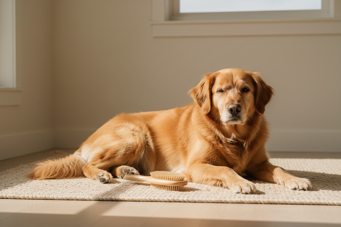 Relaxed dog lying beside a dog brush during a calm home-grooming session.