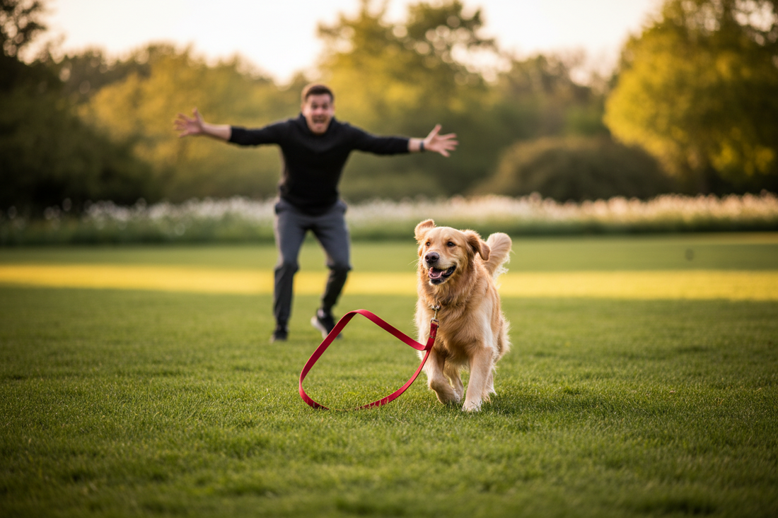 Dog on a leash running away from it's owner