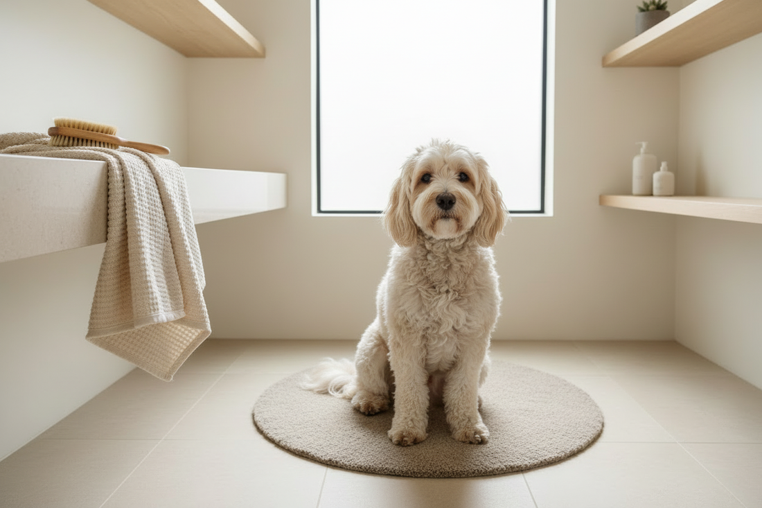 Cockapoo standing calmly on a non-slip mat beside a slicker brush and metal comb.