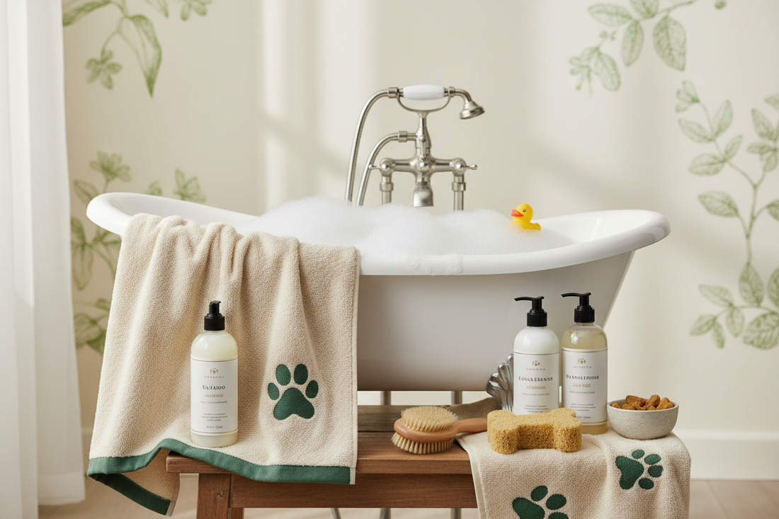 Dog-specific shampoo, towel and non-slip bath mat prepared for bathing a dog.