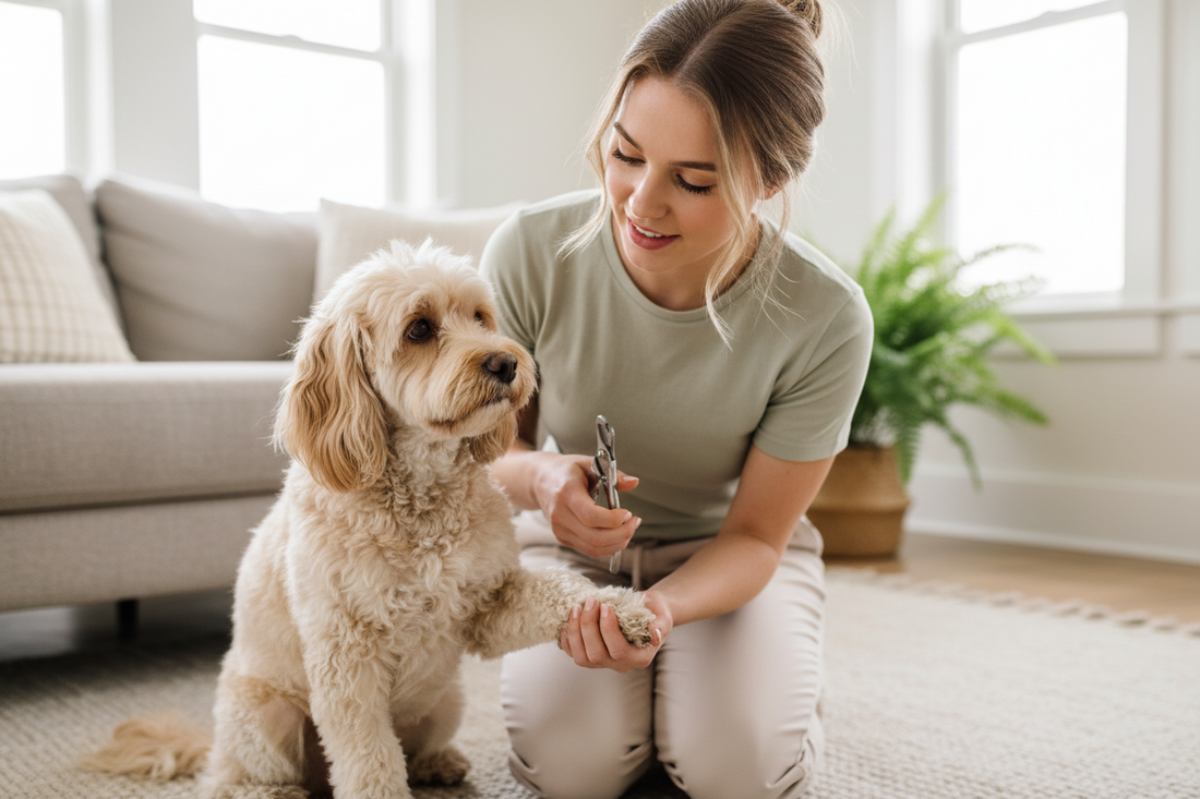 Dog having his nails clipped by his owner at home