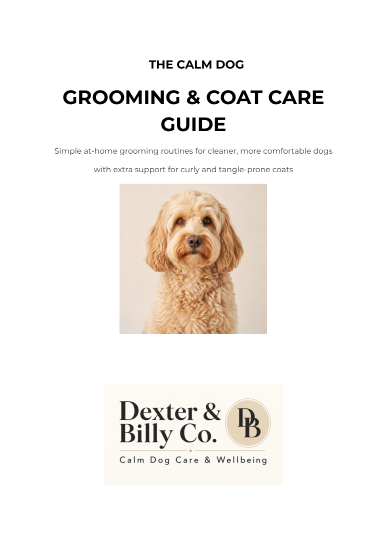 Cover of The Calm Dog Grooming & Coat Care Guide digital download by Dexter And Billy Co., featuring a peaceful dog.