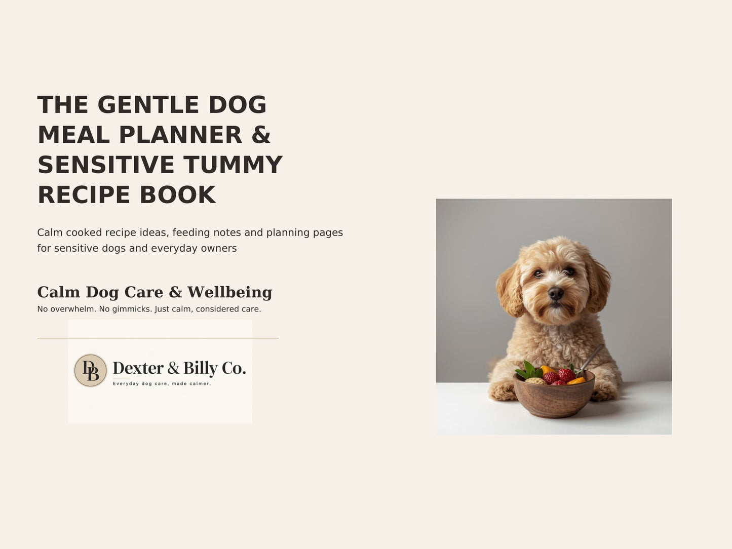 Front cover of Dexter and Billy Co.'s digital download book, The Gentle Dog Meal Planner & Sensitive Tummy Recipe Book.