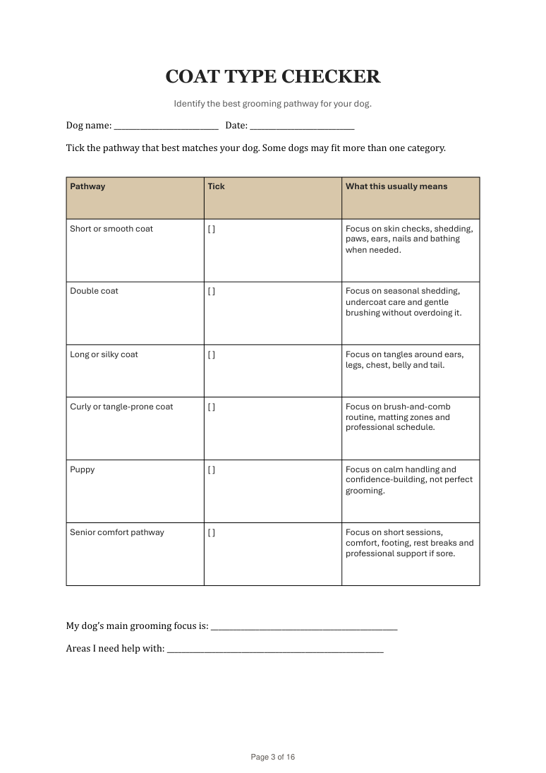 Digital download of the Dexter and Billy Co. Calm Dog Grooming Guide showing coat type checklist page with grooming tips.