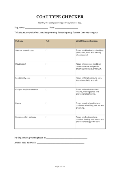 Digital download of the Dexter and Billy Co. Calm Dog Grooming Guide showing coat type checklist page with grooming tips.