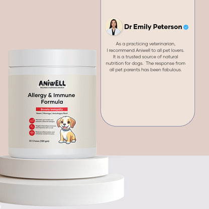 Aniwell dog supplement chews with neem, moringa, and turmeric for allergy support and immune health.
