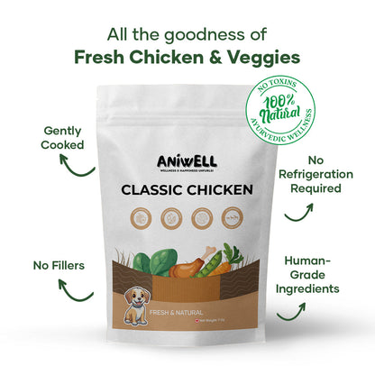 Aniwell Fresh Food Packs for dogs featuring real meat, vegetables, and natural herbs in resealable packaging.