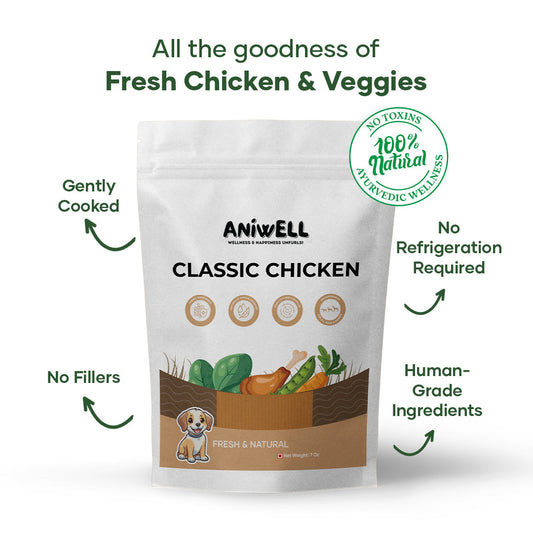 Aniwell Fresh Food Packs for dogs featuring real meat, vegetables, and natural herbs in resealable packaging.