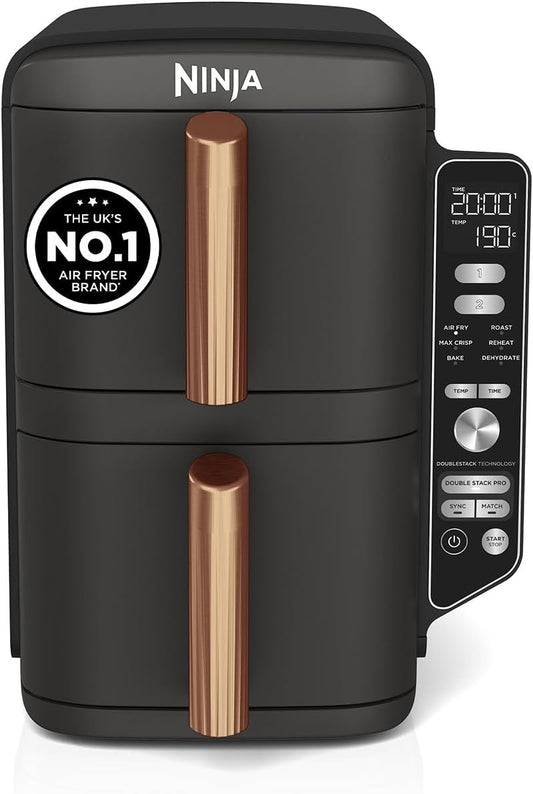 Ninja Double Stack XL Air Fryer in black and copper with digital display and dual cooking baskets, 9.5L capacity, kitchen appliance.