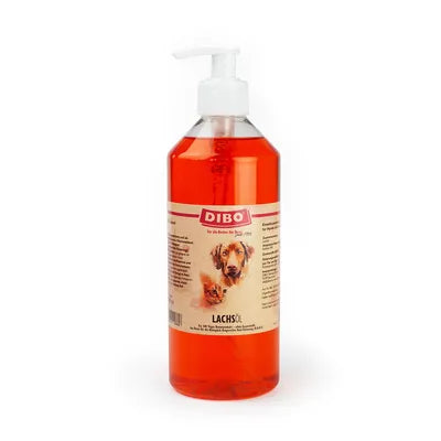 DIBO Salmon Oil for Dogs and Cats in a 500ml bottle with pump dispenser, natural fish oil supplement for pets.