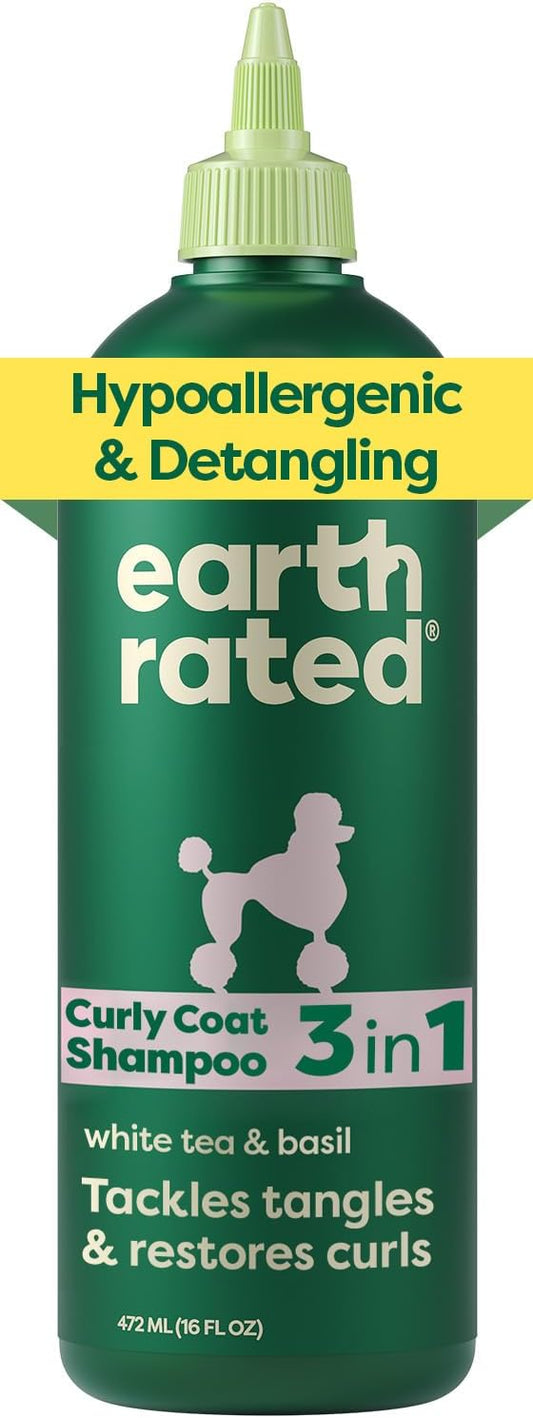 Earth Rated 3-in-1 dog shampoo and conditioner bottle, 473ml, for detangling and grooming dogs.