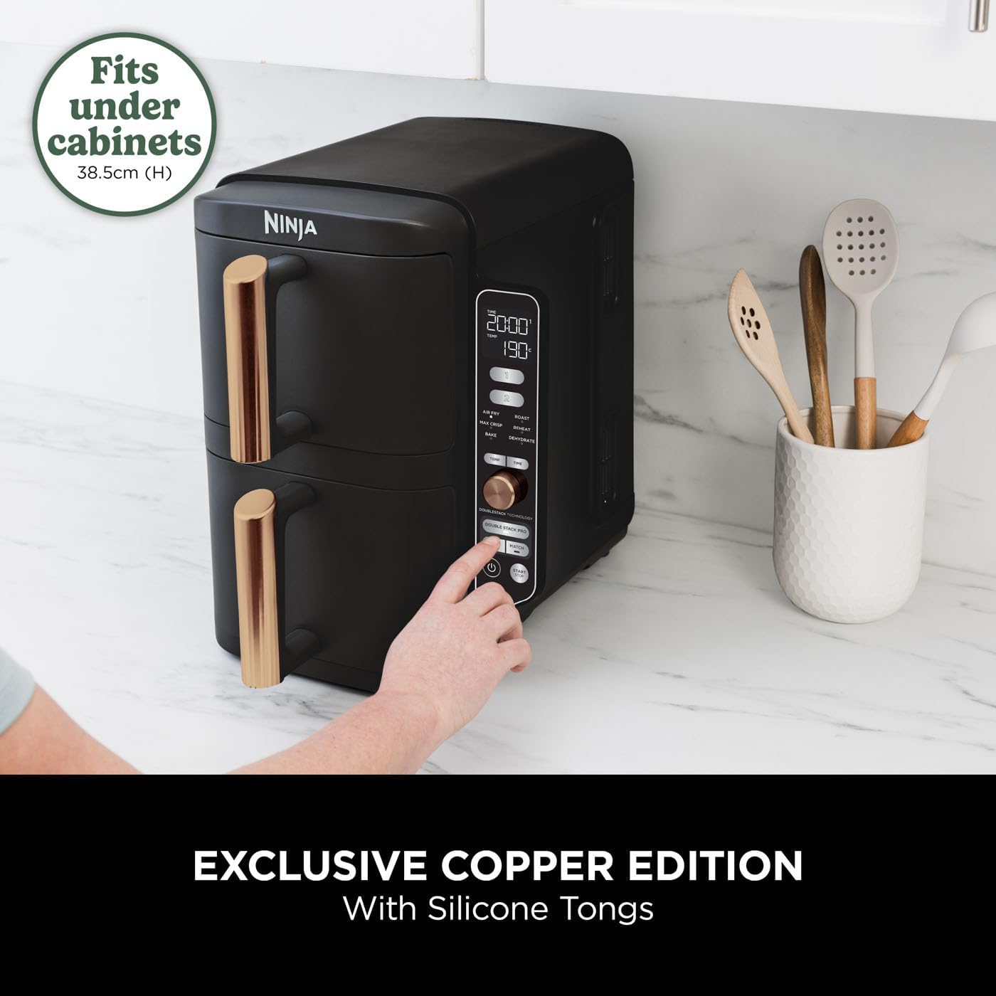 Ninja Double Stack XL Air Fryer in black and copper, 9.5L kitchen appliance with dual cooking baskets and digital controls.