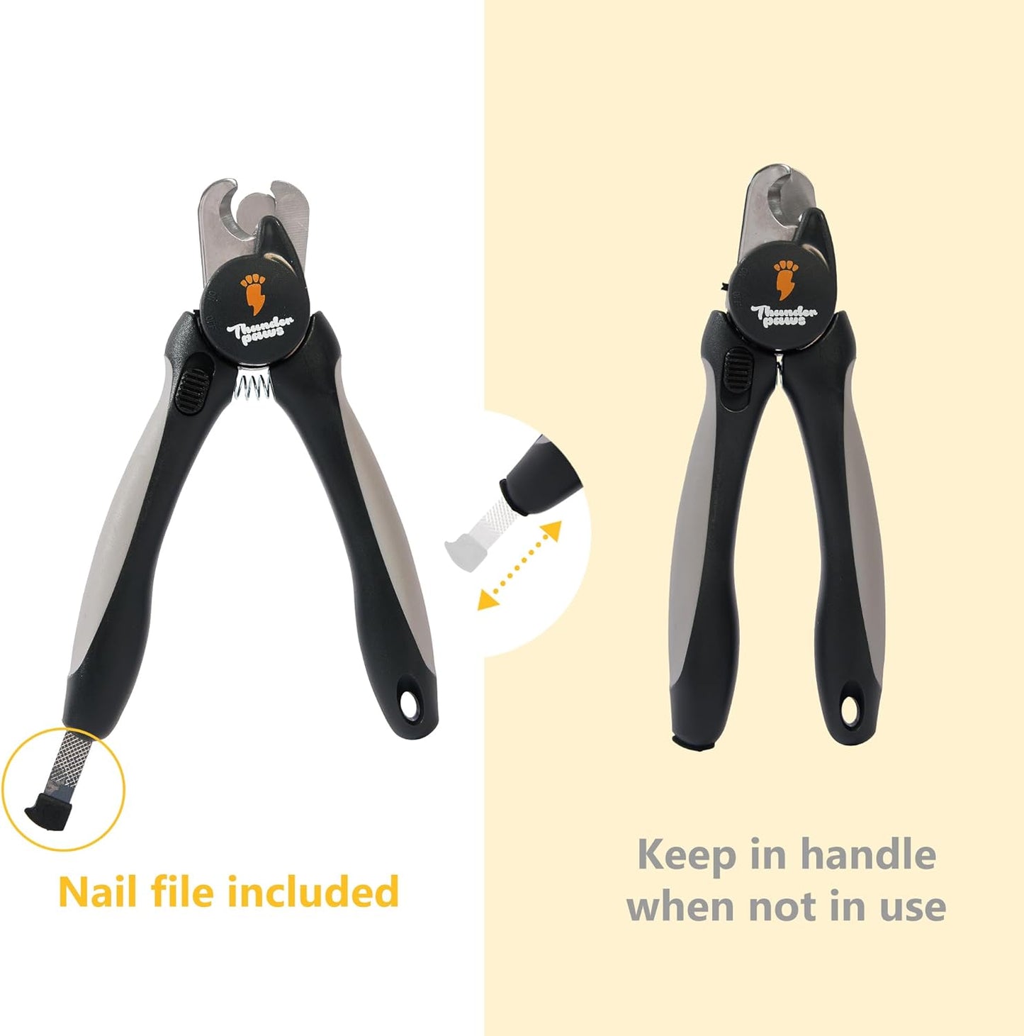 Thunderpaws dog nail clippers with LED light and safety guard for medium to large breed dogs, designed for gentle grooming.