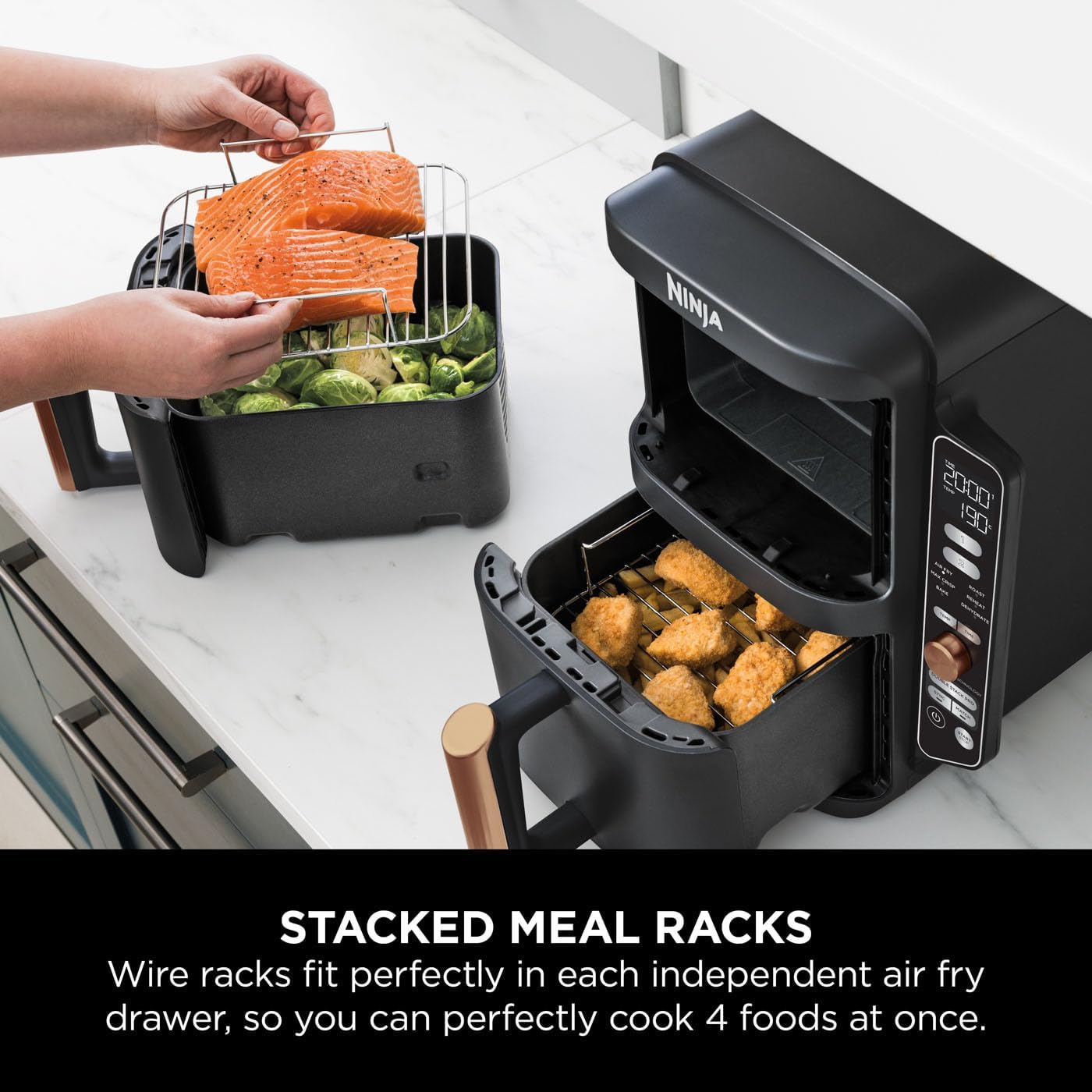 Ninja Double Stack XL Air Fryer in black and copper with digital display and two cooking baskets, 9.5L capacity.