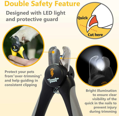 Thunderpaws dog nail clippers with LED light and safety guard for medium to large breeds, used for grooming and nail trimming.