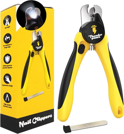 Thunderpaws dog nail clippers with LED light and safety guard for medium to large breeds, grooming tool in black and silver.