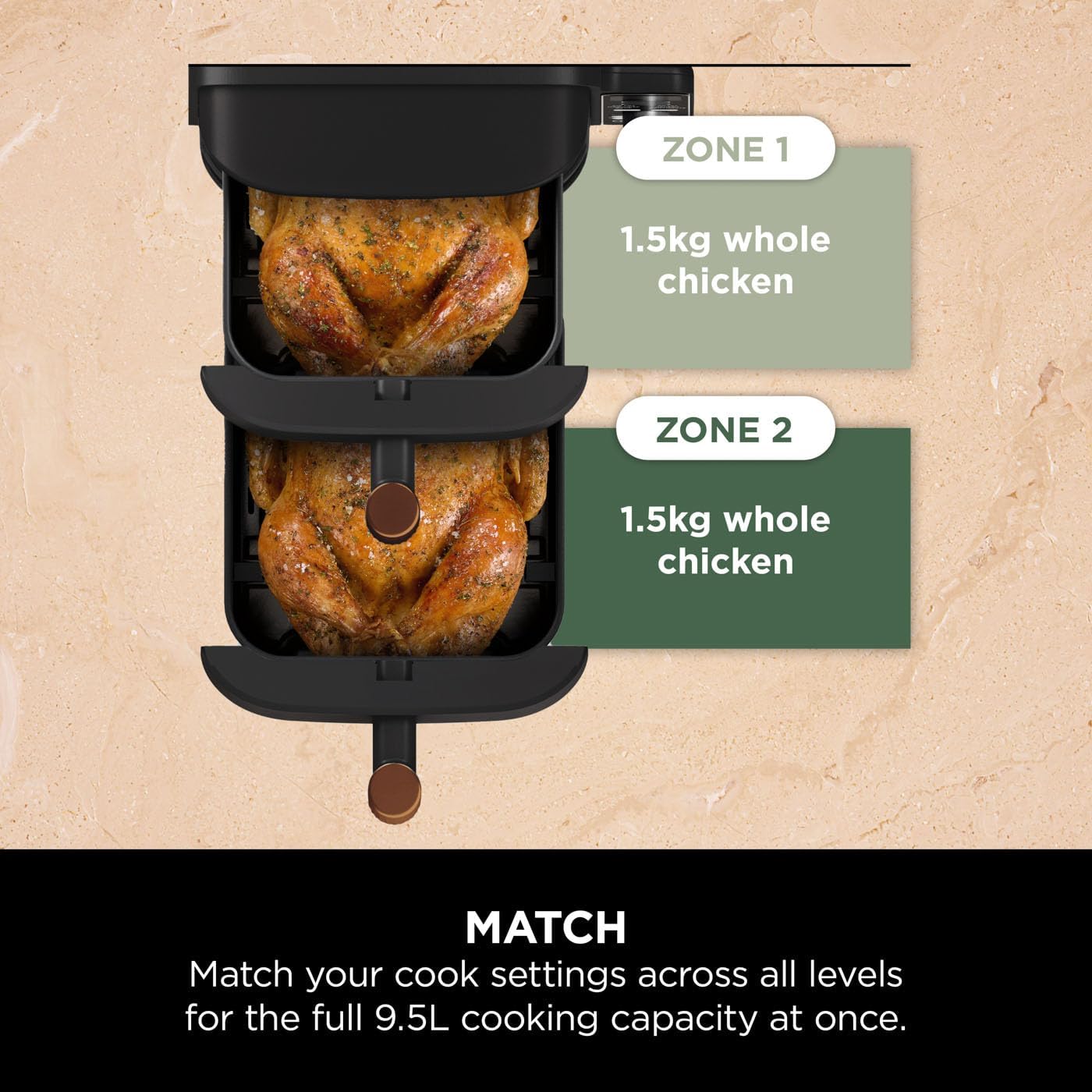 Ninja Double Stack XL Air Fryer in black and copper with digital display and dual cooking baskets, 9.5L capacity.