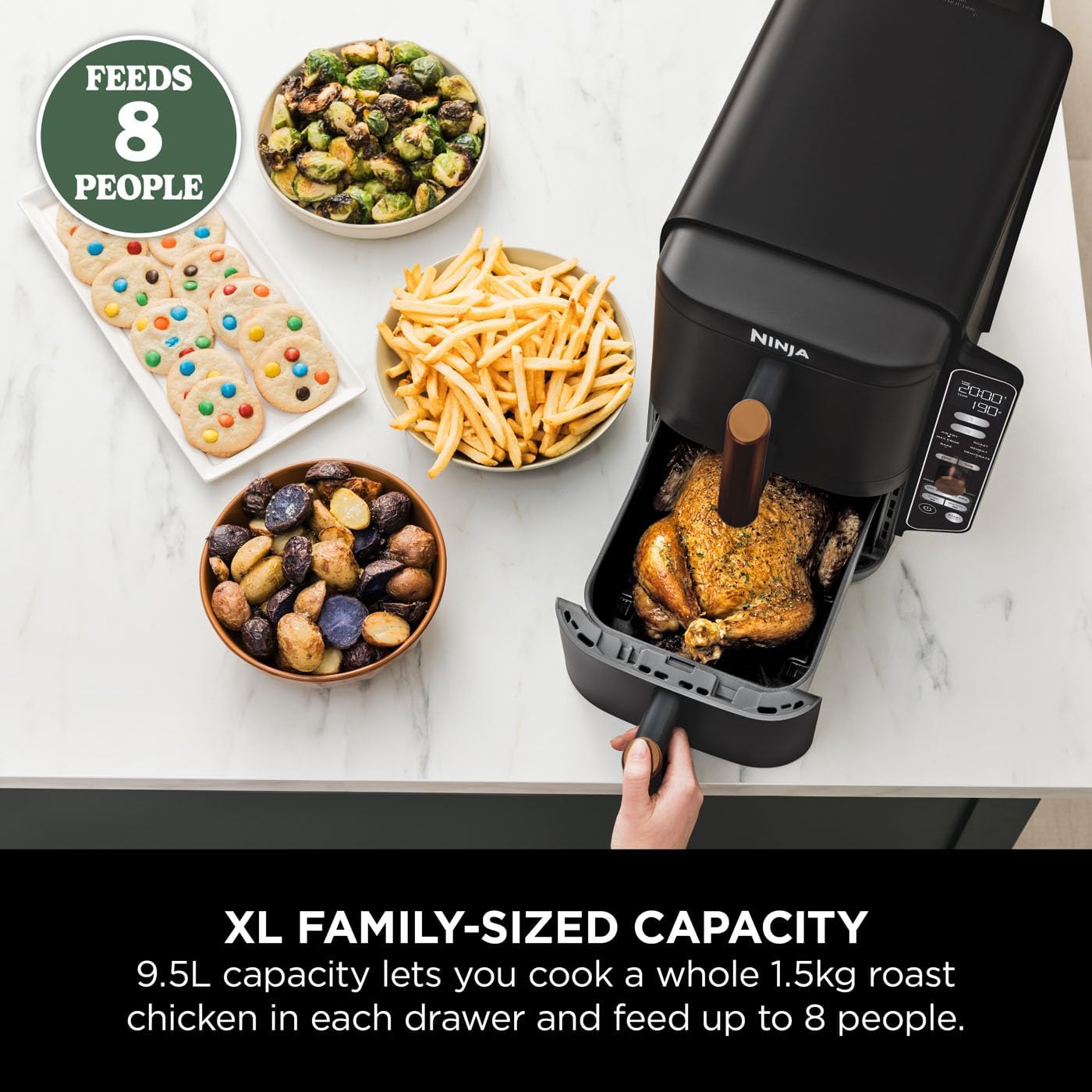 Ninja Double Stack XL Air Fryer in black and copper with two stacked cooking chambers and digital control panel.