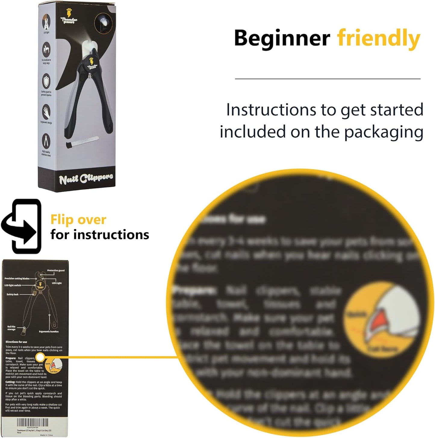 Thunderpaws dog nail clippers with LED light and safety guard for medium to large breeds, shown with grooming tools and dog nails.
