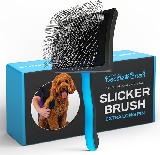 Amazon premium slicker dog brush for Cockapoos, Doodles, and curly coats, featuring fine metal bristles for gentle grooming.