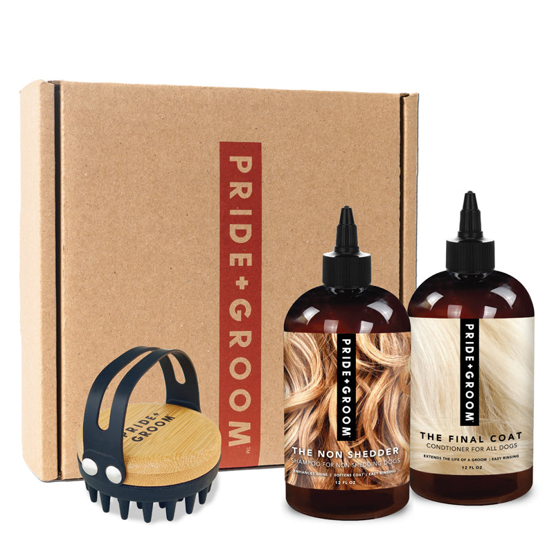 Pride + Groom dog grooming bundle featuring a bath brush with a nonshed bristle design for effective pet cleaning.