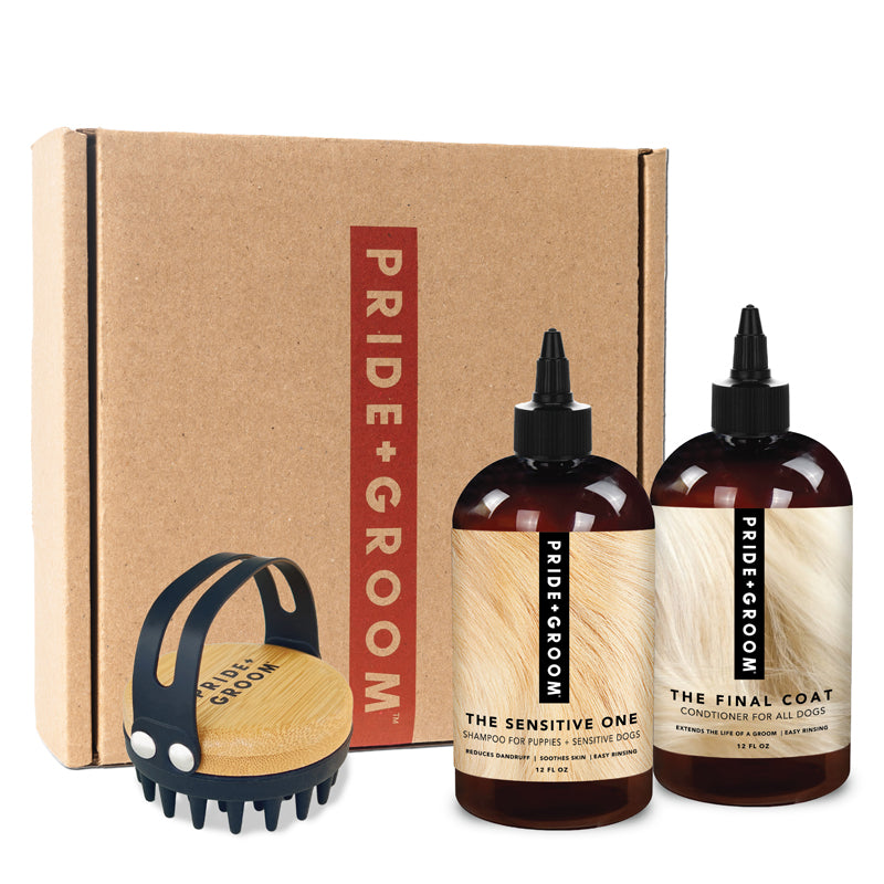 Pride + Groom bath brush set for dogs, featuring a soft-bristle grooming brush for gentle pet bathing and cleaning.