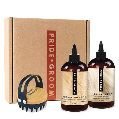 Pride + Groom bath brush set for dogs, featuring a soft-bristle grooming brush for gentle pet bathing and cleaning.