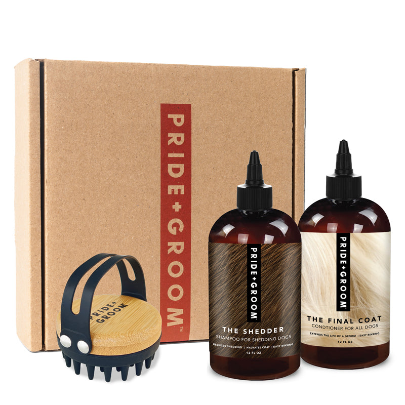 Pride + Groom dog grooming bundle featuring a bath brush with shedding blade for effective pet grooming.
