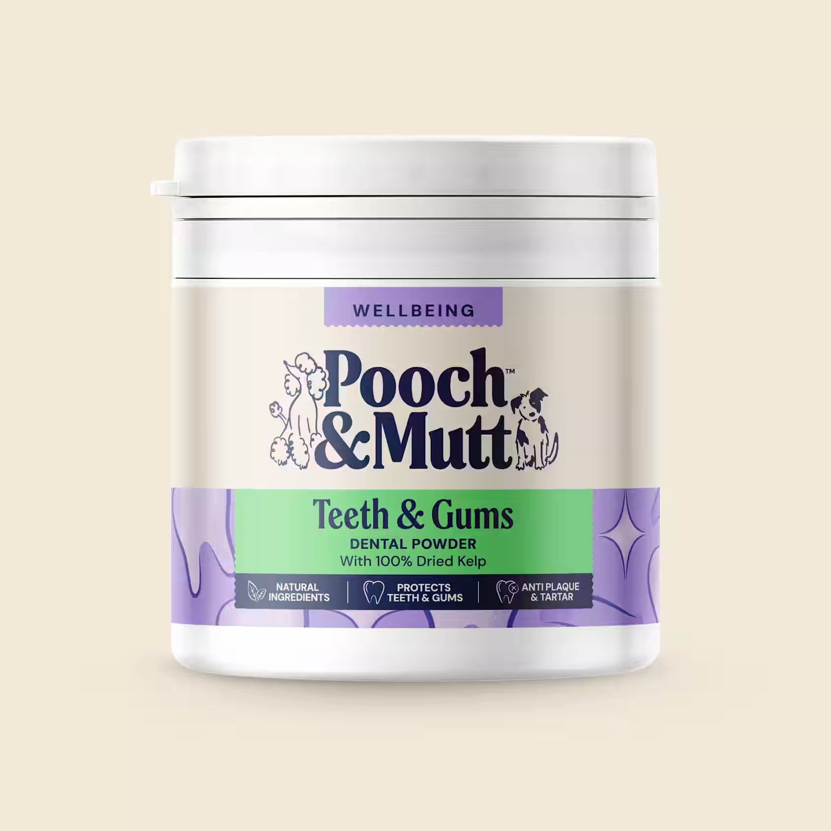 Dog dental powder by Pooch & Mutt, 100g, in a jar with a scoop, designed for improving canine oral health.