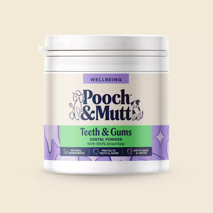 Dog dental powder by Pooch & Mutt, 100g, in a jar with a scoop, designed for improving canine oral health.