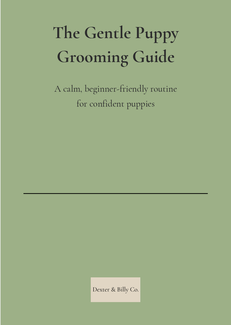 Cover of 'The Gentle Puppy Grooming Guide' with text on a green background