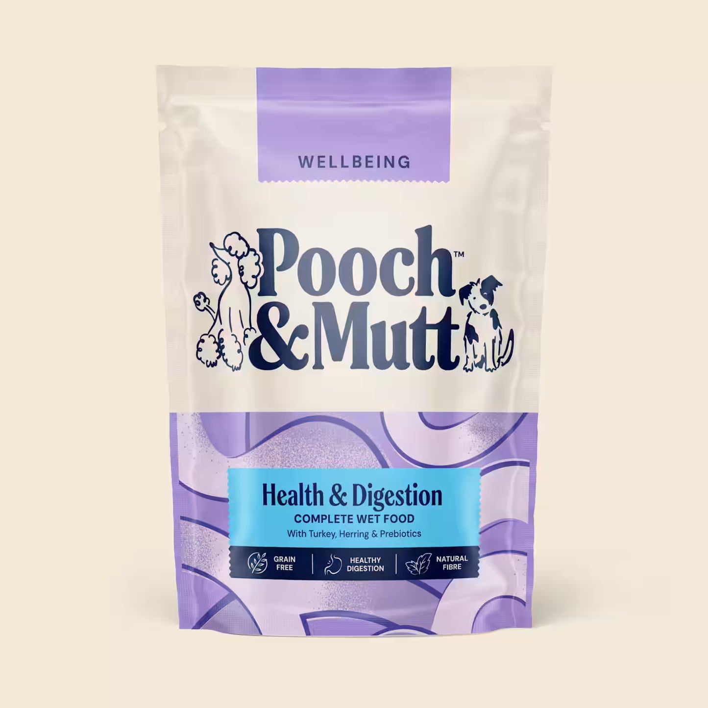 Pooch & Mutt Health & Digestion Complete Wet Dog Food in a bowl, showing nutritious ingredients for canine digestion and health.