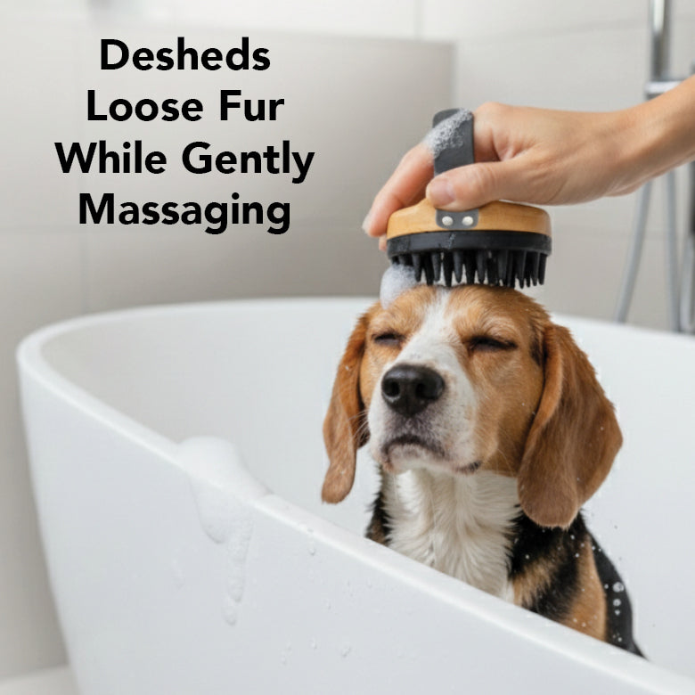 Silicone dog grooming brush from Pride + Groom with textured handle and soft bristles for gentle pet cleaning.