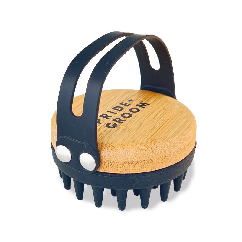 Pride + Groom silicone dog grooming bath brush with soft bristles for gentle pet cleaning and fur detangling.