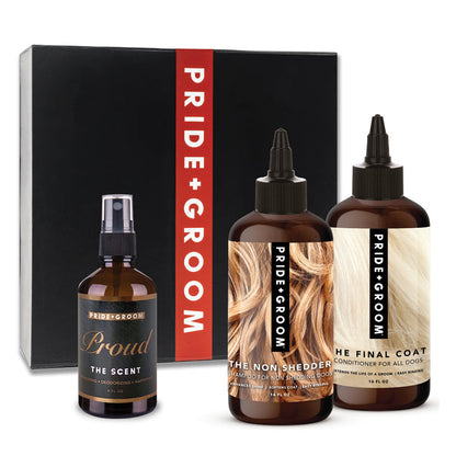 Pride + Groom Luxe gift set for dogs, includes premium grooming products with black packaging and natural brush.