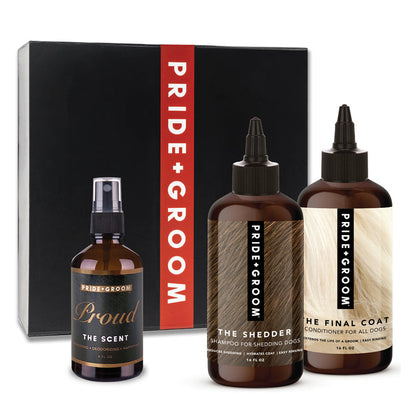 Pride + Groom The Luxe Gift Set with premium dog grooming products including brushes, shampoos, and accessories in a black shed box.