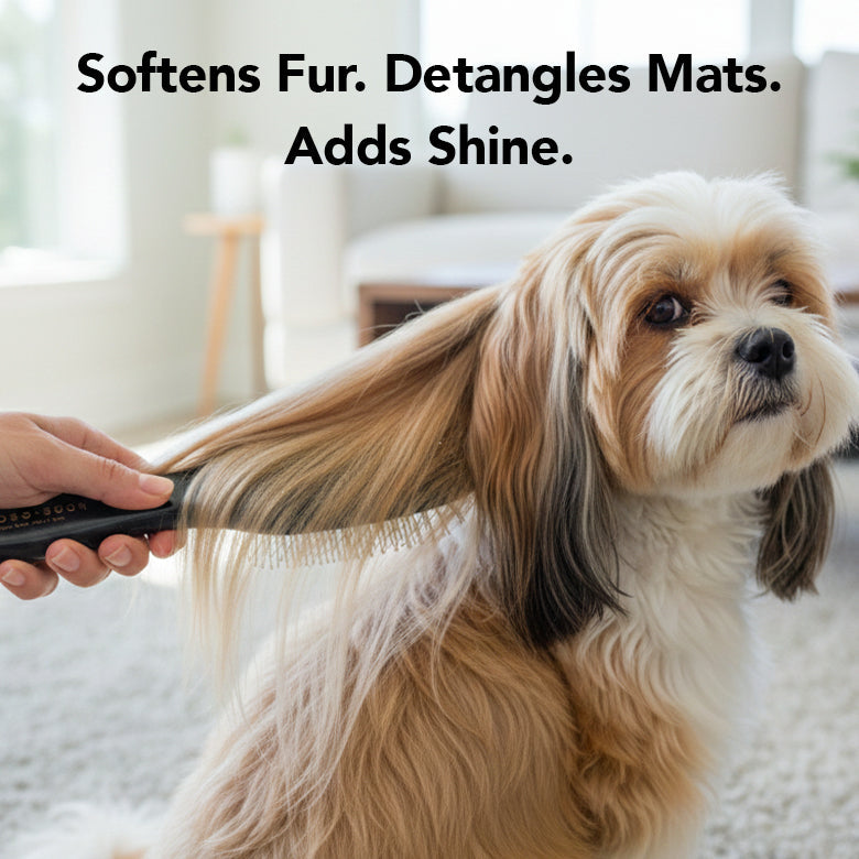 Pride + Groom The Leave In detangling spray for dogs and cats, shown in a spray bottle with a white and blue label.