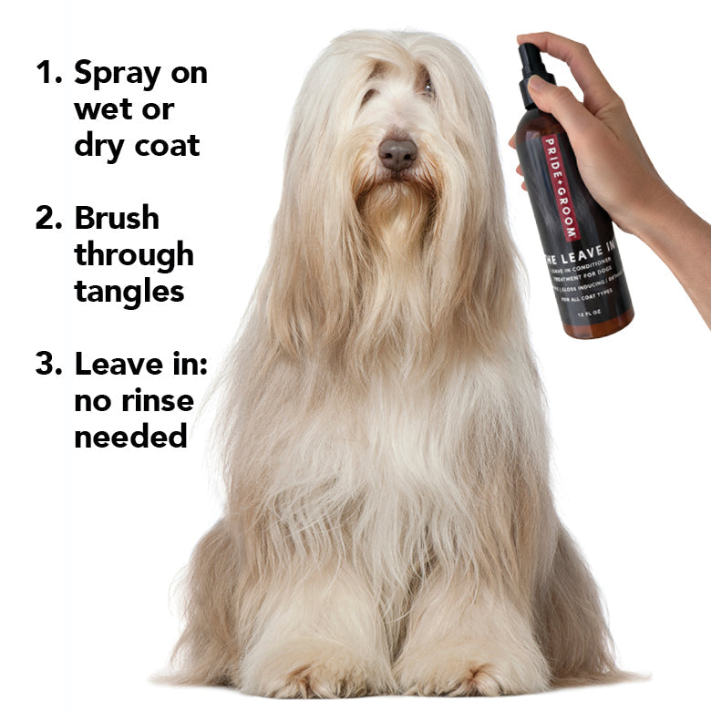 Pride + Groom The Leave In detangling spray for dogs and cats, showing a spray bottle with a pet grooming setting.