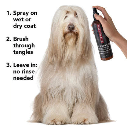 Pride + Groom The Leave In detangling spray for dogs and cats, showing a spray bottle with a pet grooming setting.