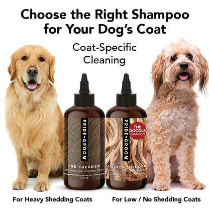 Pride + Groom The Non Shedder dog shampoo bottle for poodles, doodles, and curly coat dogs, with a clean label and pump dispenser.