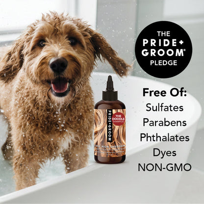 Pride + Groom The Non Sheder dog shampoo bottle with curly-coated poodle on the label, ideal for poodles, doodles, and curly coats.