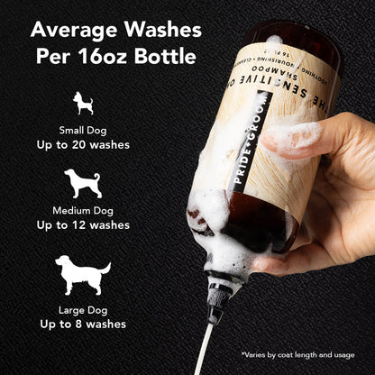 Hypoallergenic Pride + Groom The Sensitive One dog shampoo for sensitive skin, featuring a gentle formula for dogs and puppies.