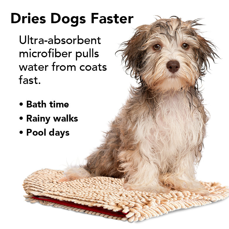 Beige microfiber dog and cat grooming towel by Pride + Groom, designed for quick and gentle drying of pets.